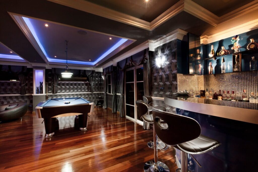 amazing man cave with bar and pool table